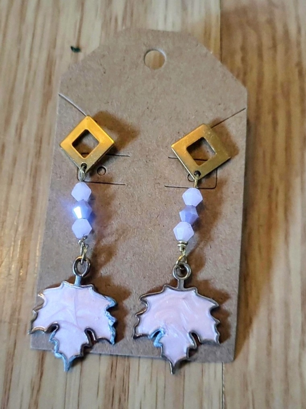 Gold-Tone Pink Enamel Maple Leaf Drop Earrings